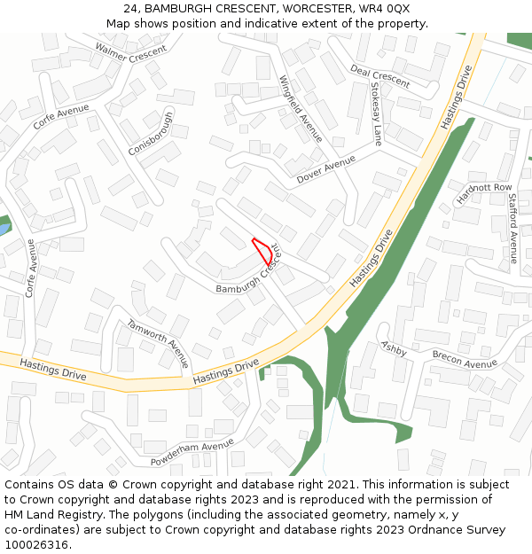 24, BAMBURGH CRESCENT, WORCESTER, WR4 0QX: Location map and indicative extent of plot