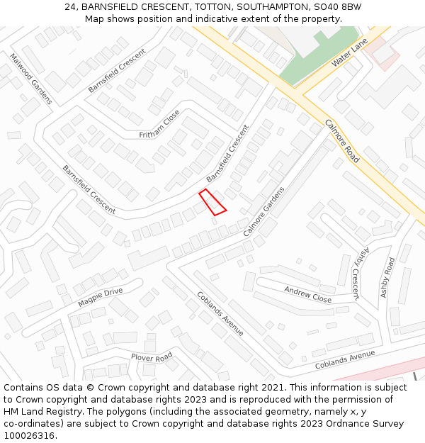 24, BARNSFIELD CRESCENT, TOTTON, SOUTHAMPTON, SO40 8BW: Location map and indicative extent of plot