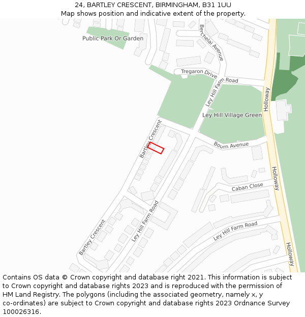 24, BARTLEY CRESCENT, BIRMINGHAM, B31 1UU: Location map and indicative extent of plot