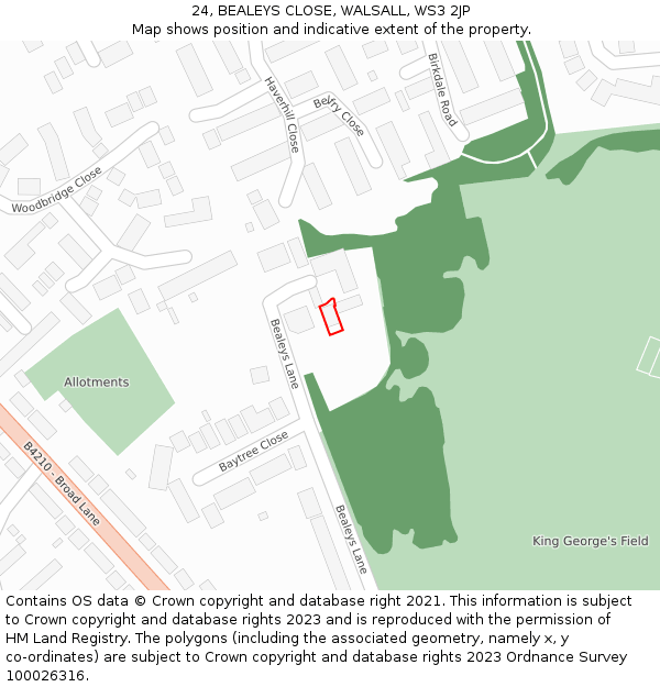 24, BEALEYS CLOSE, WALSALL, WS3 2JP: Location map and indicative extent of plot