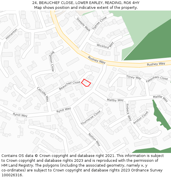 24, BEAUCHIEF CLOSE, LOWER EARLEY, READING, RG6 4HY: Location map and indicative extent of plot