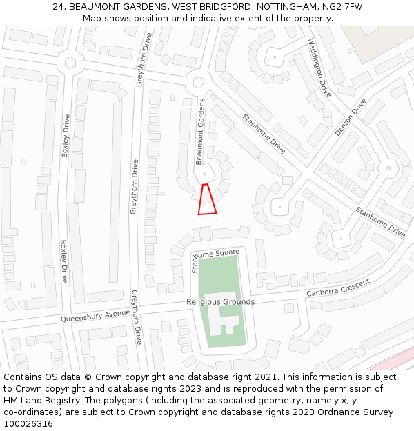 24, BEAUMONT GARDENS, WEST BRIDGFORD, NOTTINGHAM, NG2 7FW: Location map and indicative extent of plot