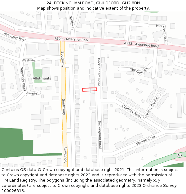 24, BECKINGHAM ROAD, GUILDFORD, GU2 8BN: Location map and indicative extent of plot