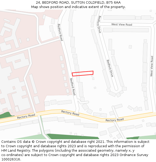 24, BEDFORD ROAD, SUTTON COLDFIELD, B75 6AA: Location map and indicative extent of plot