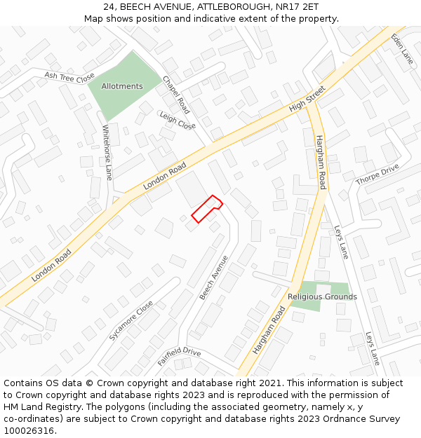 24, BEECH AVENUE, ATTLEBOROUGH, NR17 2ET: Location map and indicative extent of plot