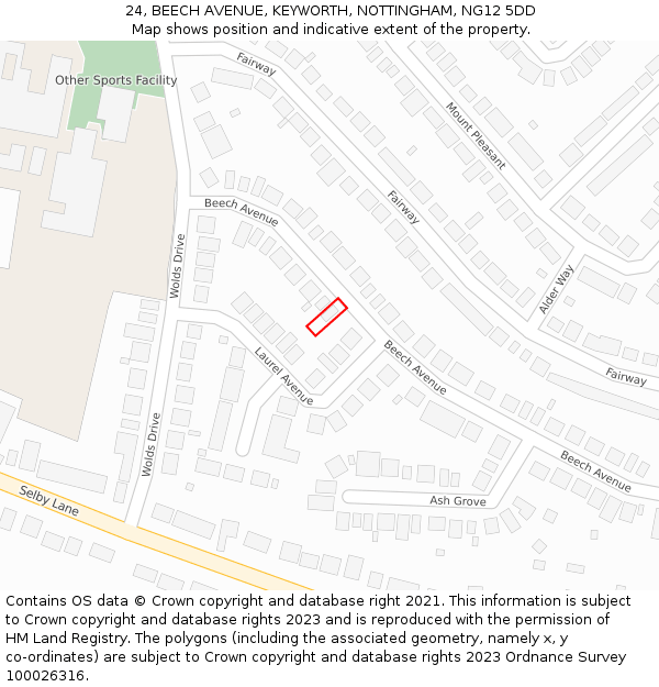 24, BEECH AVENUE, KEYWORTH, NOTTINGHAM, NG12 5DD: Location map and indicative extent of plot