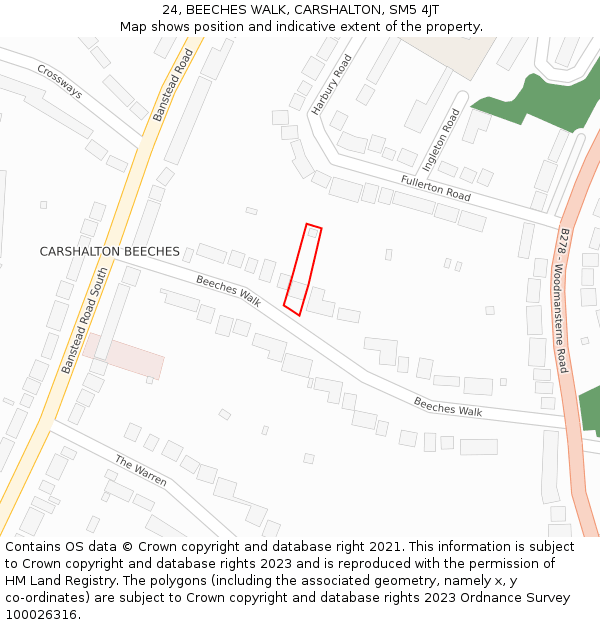 24, BEECHES WALK, CARSHALTON, SM5 4JT: Location map and indicative extent of plot