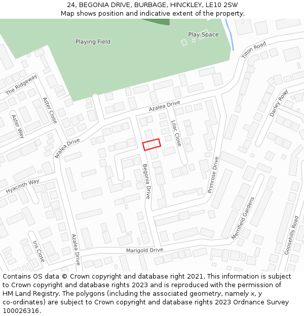24, BEGONIA DRIVE, BURBAGE, HINCKLEY, LE10 2SW: Location map and indicative extent of plot