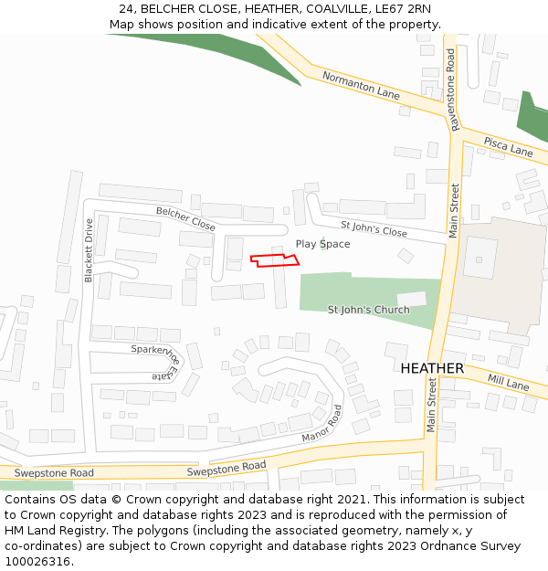 24, BELCHER CLOSE, HEATHER, COALVILLE, LE67 2RN: Location map and indicative extent of plot