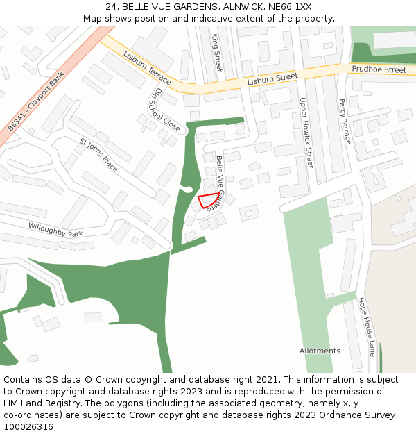 24, BELLE VUE GARDENS, ALNWICK, NE66 1XX: Location map and indicative extent of plot