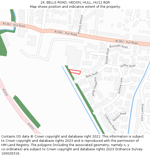 24, BELLS ROAD, HEDON, HULL, HU12 8QR: Location map and indicative extent of plot