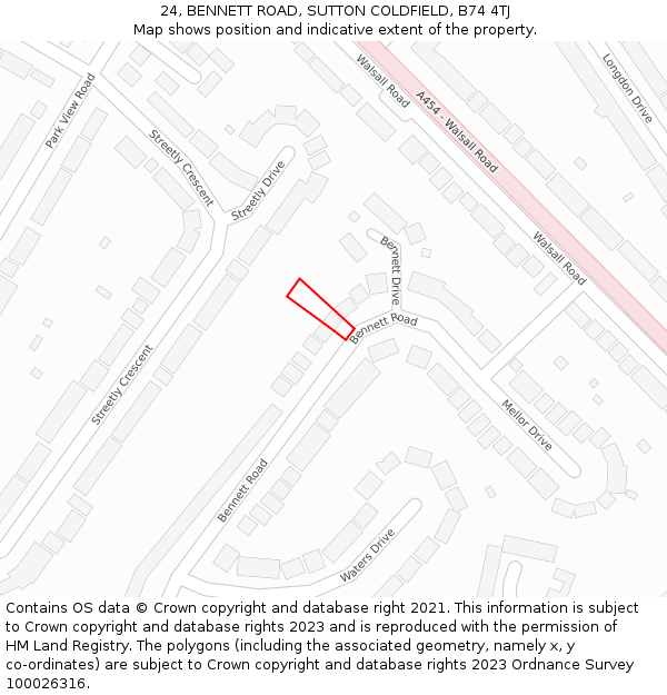 24, BENNETT ROAD, SUTTON COLDFIELD, B74 4TJ: Location map and indicative extent of plot