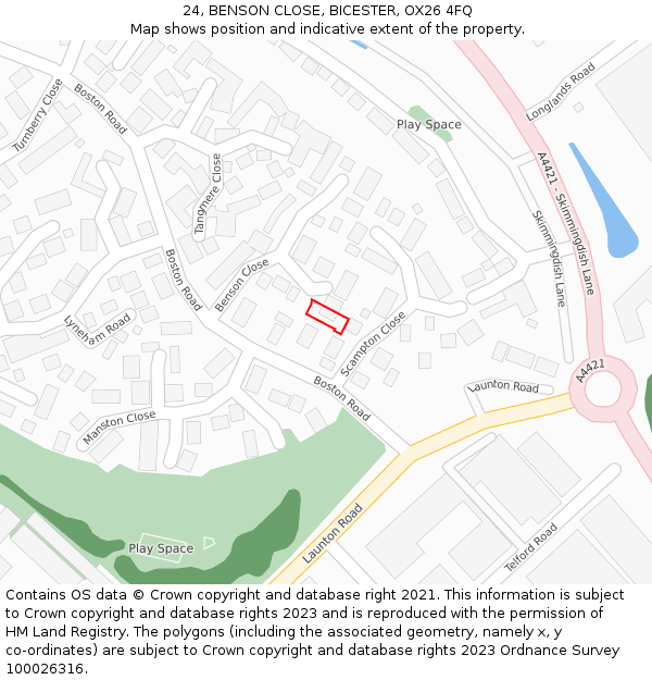 24, BENSON CLOSE, BICESTER, OX26 4FQ: Location map and indicative extent of plot