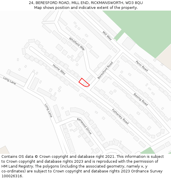 24, BERESFORD ROAD, MILL END, RICKMANSWORTH, WD3 8QU: Location map and indicative extent of plot