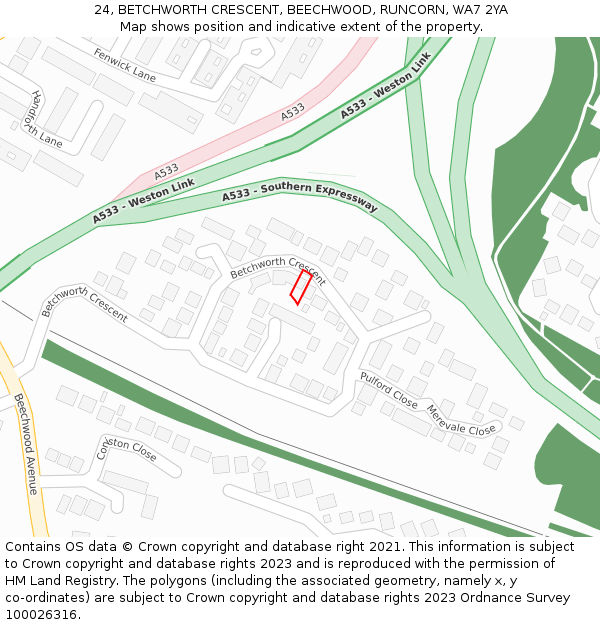 24, BETCHWORTH CRESCENT, BEECHWOOD, RUNCORN, WA7 2YA: Location map and indicative extent of plot