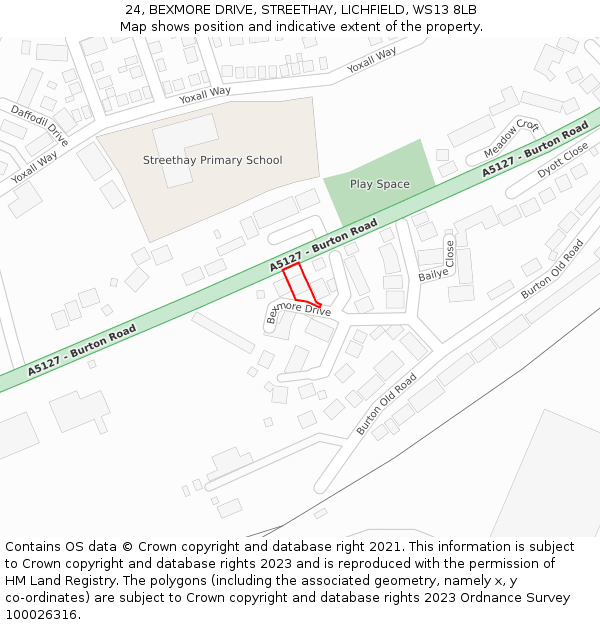 24, BEXMORE DRIVE, STREETHAY, LICHFIELD, WS13 8LB: Location map and indicative extent of plot