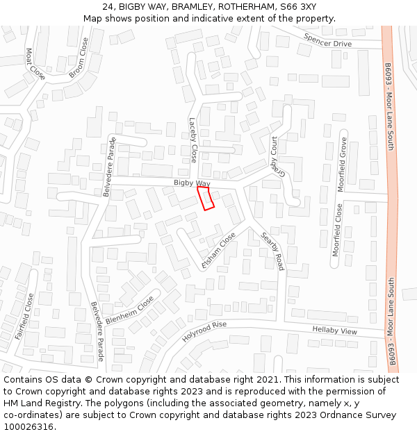 24, BIGBY WAY, BRAMLEY, ROTHERHAM, S66 3XY: Location map and indicative extent of plot