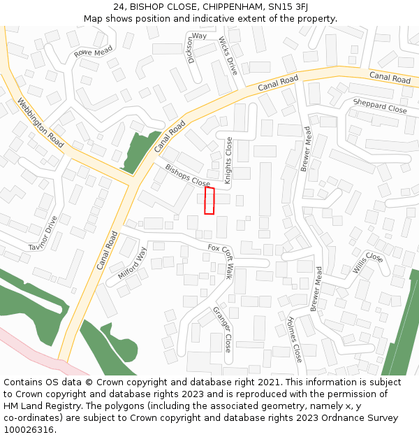 24, BISHOP CLOSE, CHIPPENHAM, SN15 3FJ: Location map and indicative extent of plot