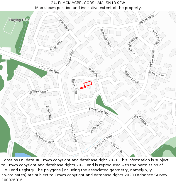 24, BLACK ACRE, CORSHAM, SN13 9EW: Location map and indicative extent of plot