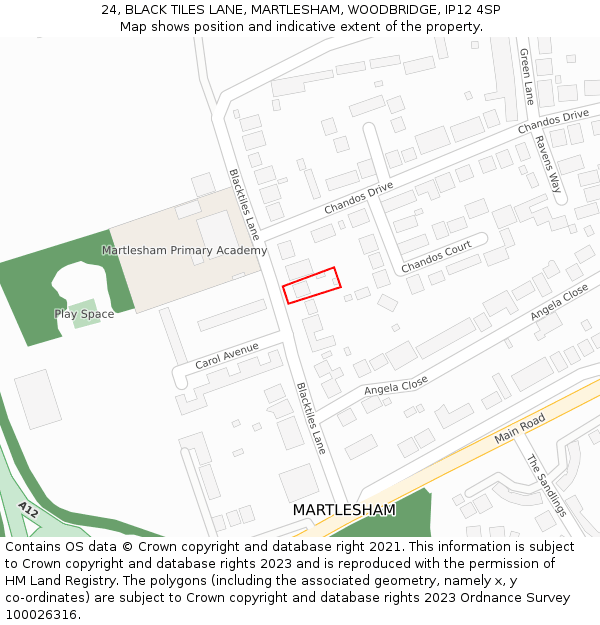 24, BLACK TILES LANE, MARTLESHAM, WOODBRIDGE, IP12 4SP: Location map and indicative extent of plot