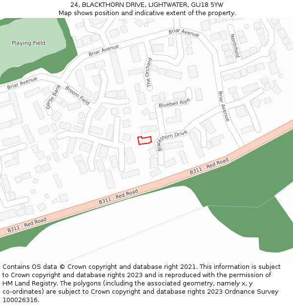 24, BLACKTHORN DRIVE, LIGHTWATER, GU18 5YW: Location map and indicative extent of plot