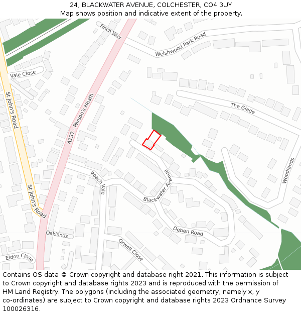 24, BLACKWATER AVENUE, COLCHESTER, CO4 3UY: Location map and indicative extent of plot