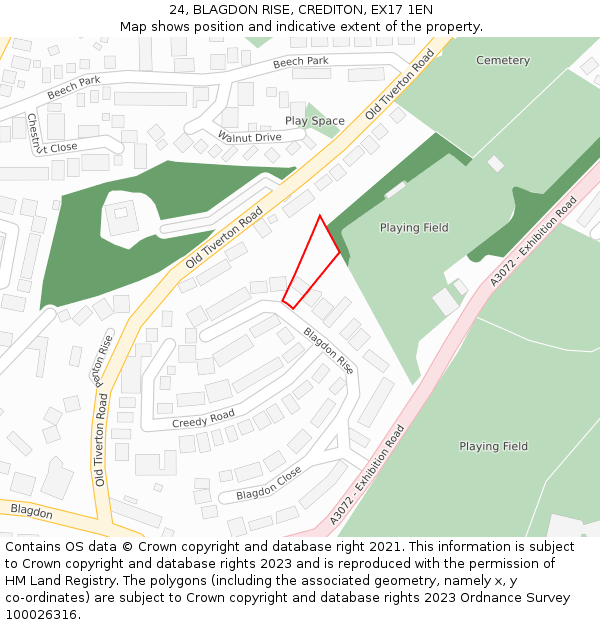24, BLAGDON RISE, CREDITON, EX17 1EN: Location map and indicative extent of plot