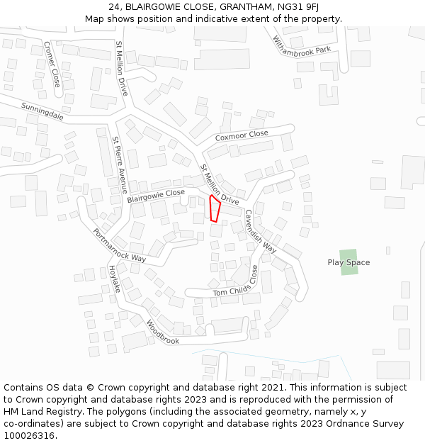 24, BLAIRGOWIE CLOSE, GRANTHAM, NG31 9FJ: Location map and indicative extent of plot