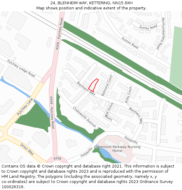24, BLENHEIM WAY, KETTERING, NN15 6XH: Location map and indicative extent of plot