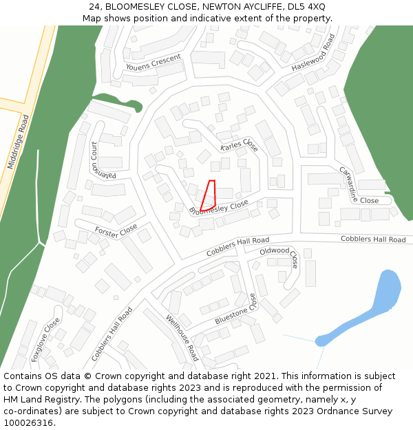 24, BLOOMESLEY CLOSE, NEWTON AYCLIFFE, DL5 4XQ: Location map and indicative extent of plot