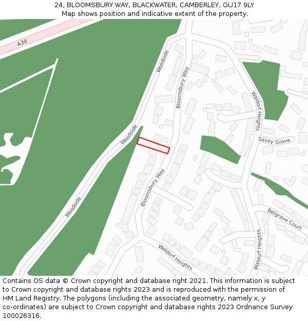 24, BLOOMSBURY WAY, BLACKWATER, CAMBERLEY, GU17 9LY: Location map and indicative extent of plot