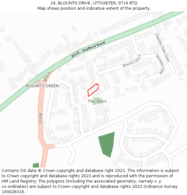 24, BLOUNTS DRIVE, UTTOXETER, ST14 8TQ: Location map and indicative extent of plot