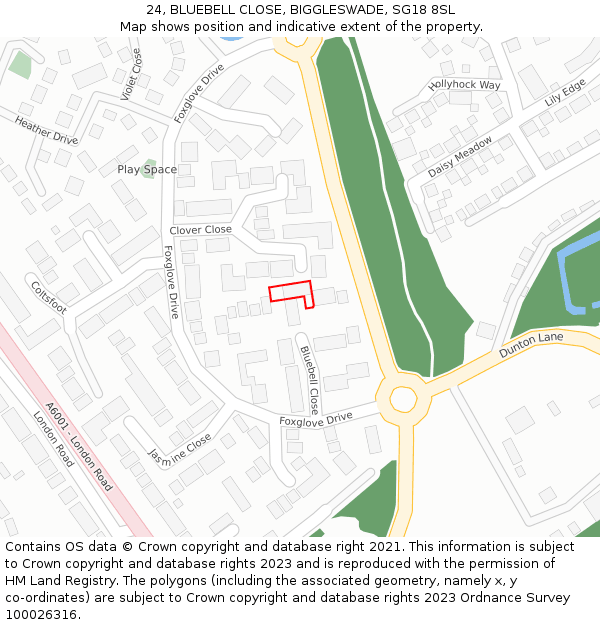 24, BLUEBELL CLOSE, BIGGLESWADE, SG18 8SL: Location map and indicative extent of plot