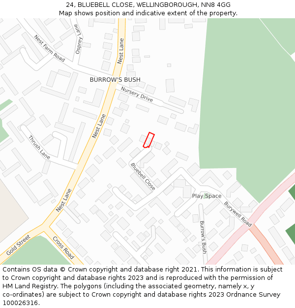 24, BLUEBELL CLOSE, WELLINGBOROUGH, NN8 4GG: Location map and indicative extent of plot