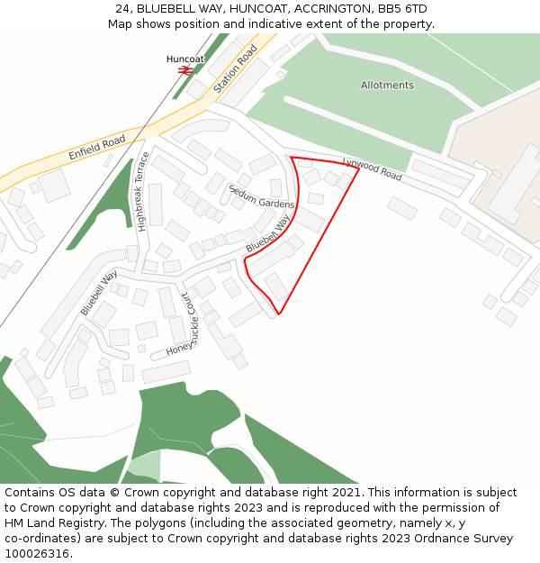 24, BLUEBELL WAY, HUNCOAT, ACCRINGTON, BB5 6TD: Location map and indicative extent of plot