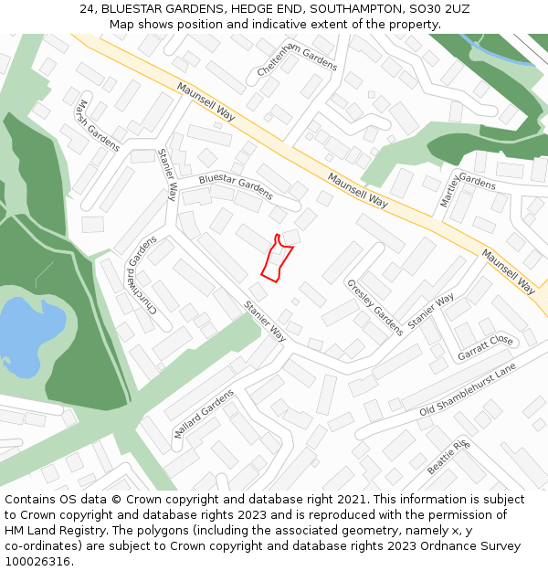 24, BLUESTAR GARDENS, HEDGE END, SOUTHAMPTON, SO30 2UZ: Location map and indicative extent of plot