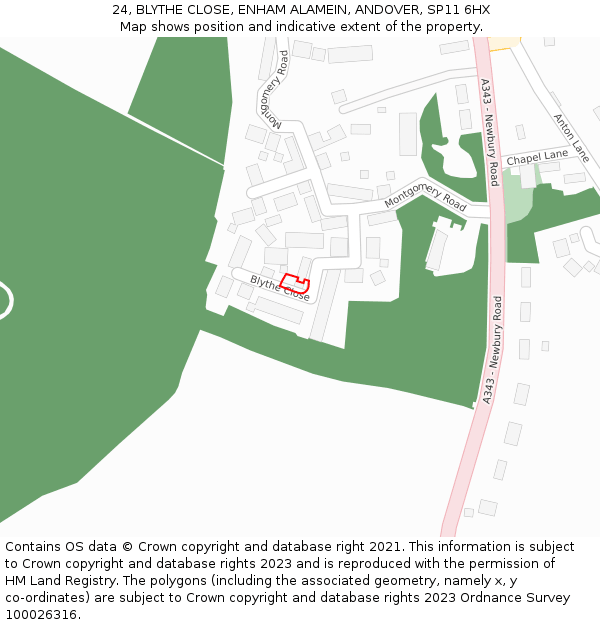 24, BLYTHE CLOSE, ENHAM ALAMEIN, ANDOVER, SP11 6HX: Location map and indicative extent of plot