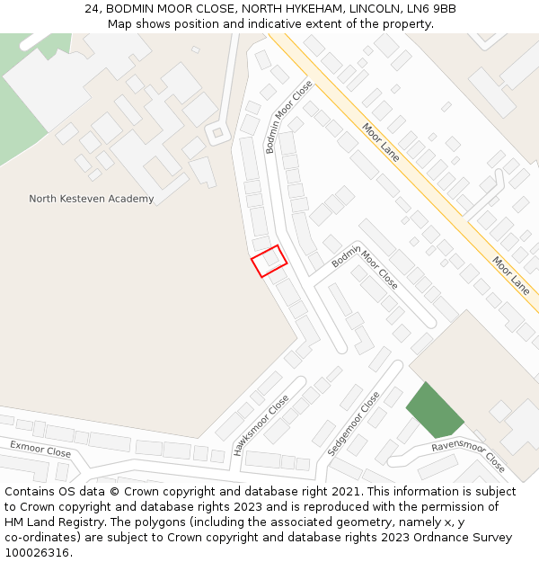 24, BODMIN MOOR CLOSE, NORTH HYKEHAM, LINCOLN, LN6 9BB: Location map and indicative extent of plot