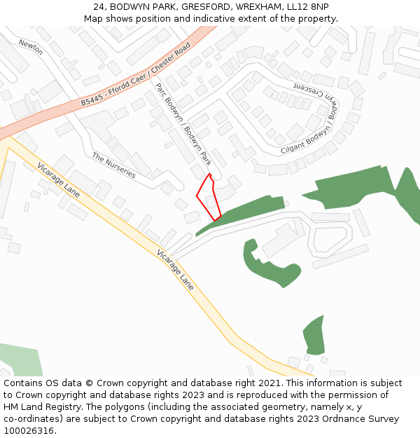 24, BODWYN PARK, GRESFORD, WREXHAM, LL12 8NP: Location map and indicative extent of plot