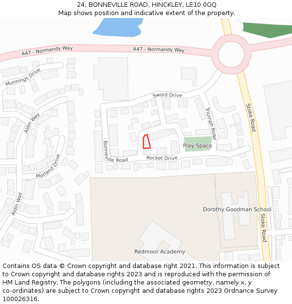 24, BONNEVILLE ROAD, HINCKLEY, LE10 0GQ: Location map and indicative extent of plot