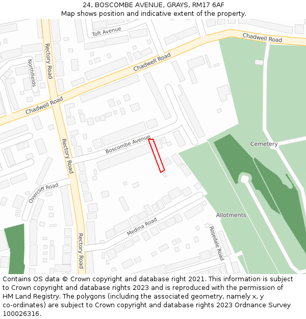 24, BOSCOMBE AVENUE, GRAYS, RM17 6AF: Location map and indicative extent of plot