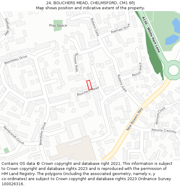 24, BOUCHERS MEAD, CHELMSFORD, CM1 6PJ: Location map and indicative extent of plot