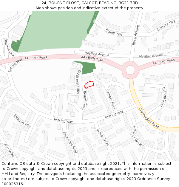 24, BOURNE CLOSE, CALCOT, READING, RG31 7BD: Location map and indicative extent of plot