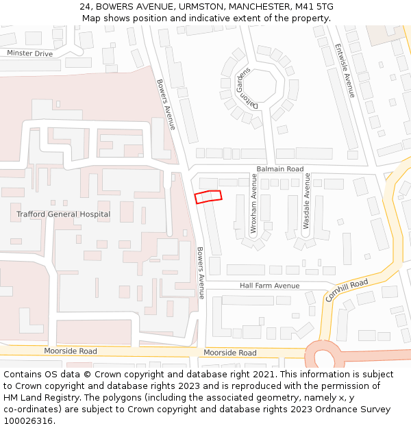 24, BOWERS AVENUE, URMSTON, MANCHESTER, M41 5TG: Location map and indicative extent of plot