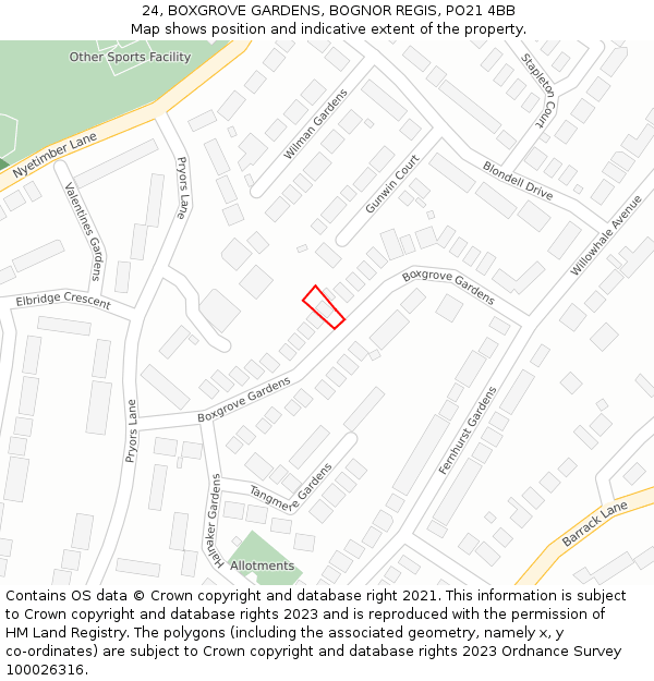 24, BOXGROVE GARDENS, BOGNOR REGIS, PO21 4BB: Location map and indicative extent of plot