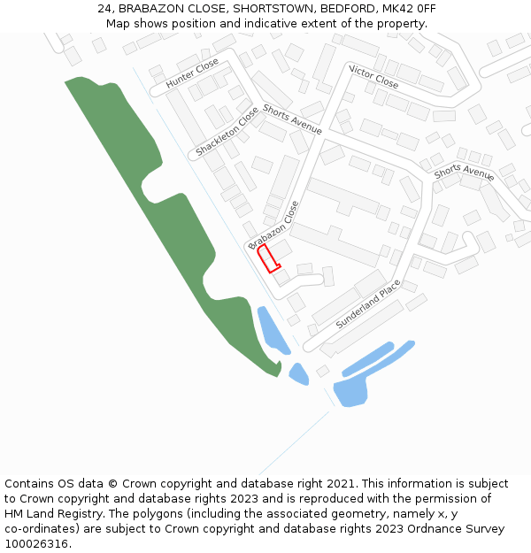 24, BRABAZON CLOSE, SHORTSTOWN, BEDFORD, MK42 0FF: Location map and indicative extent of plot