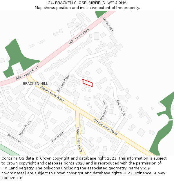 24, BRACKEN CLOSE, MIRFIELD, WF14 0HA: Location map and indicative extent of plot