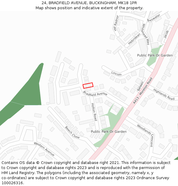 24, BRADFIELD AVENUE, BUCKINGHAM, MK18 1PR: Location map and indicative extent of plot
