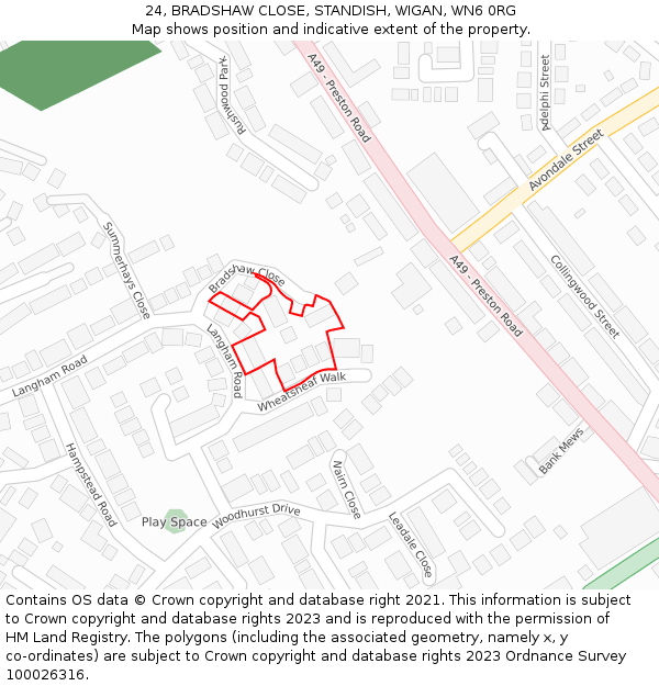 24, BRADSHAW CLOSE, STANDISH, WIGAN, WN6 0RG: Location map and indicative extent of plot