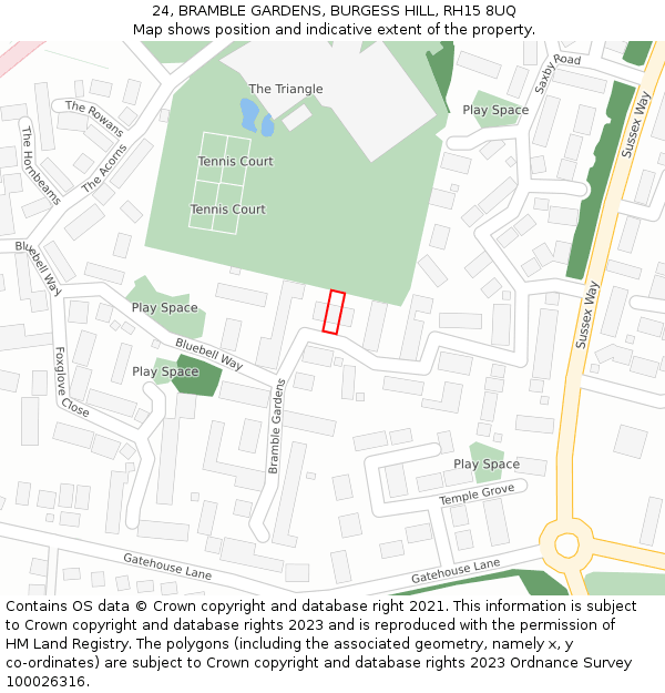 24, BRAMBLE GARDENS, BURGESS HILL, RH15 8UQ: Location map and indicative extent of plot